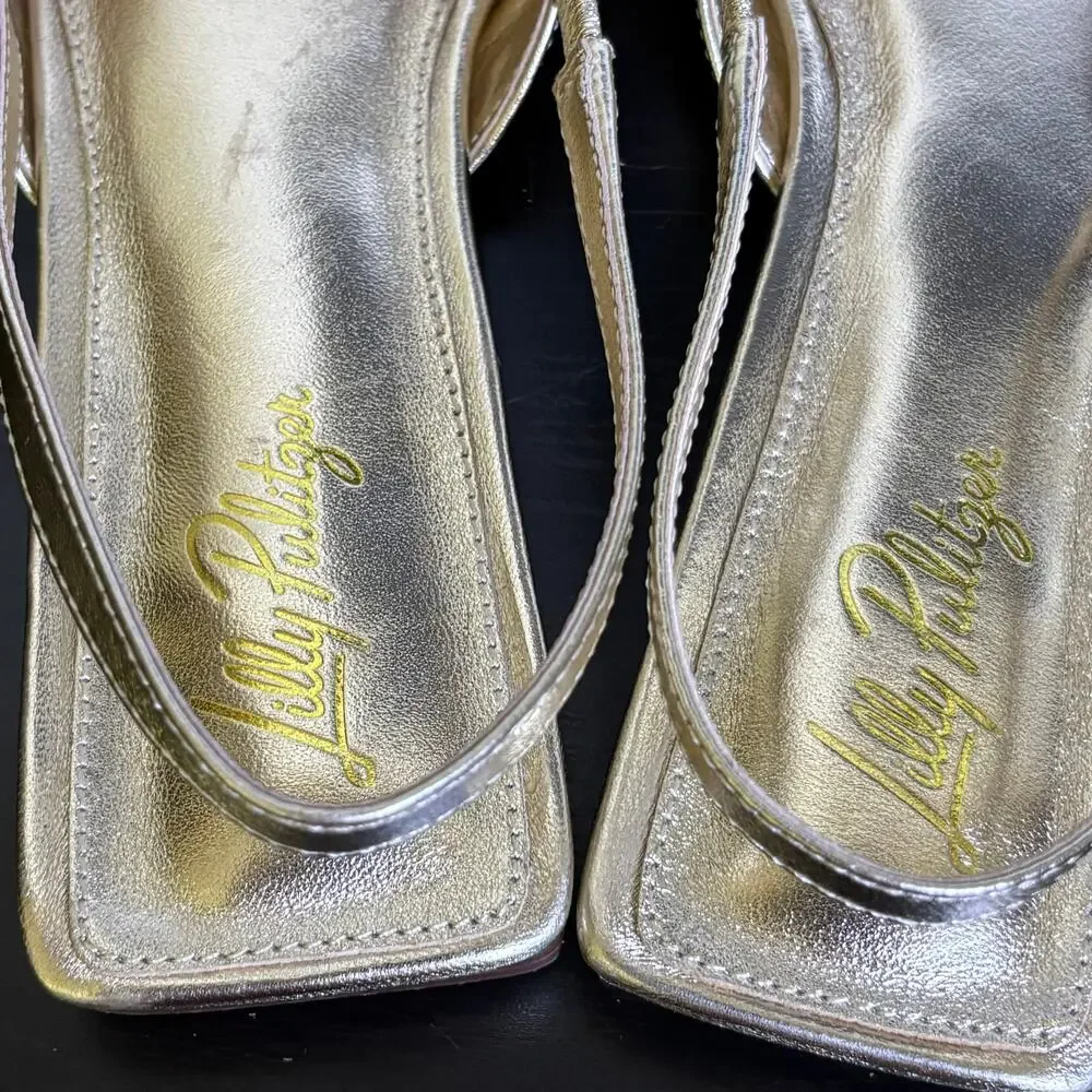 Lilly Pulitzer Brit Gold Leather Slingback Dressy Summer Event Bling Bow Size 9 - Picture 8 of 15